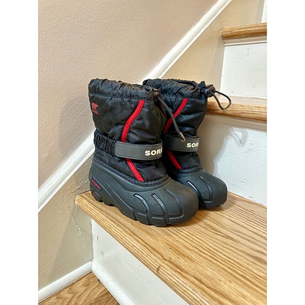 Sorel Flurry Kids 12 Black Red Snow Boots Waterproof Winter Gaiter Insulated